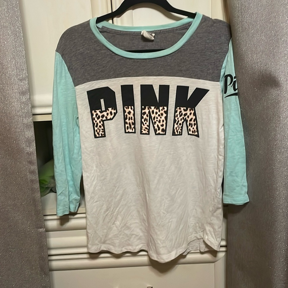 PINK Victoria's Secret White and Blue Short Sleeve Tee Sz M